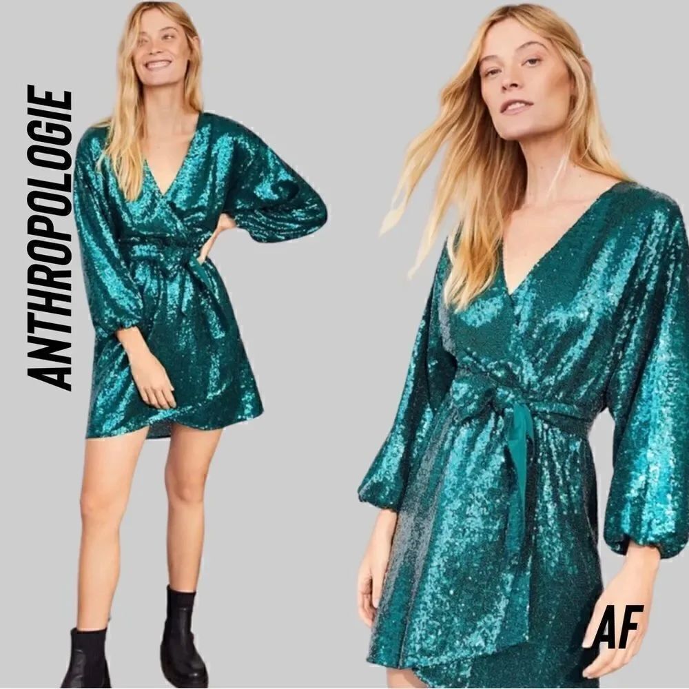 ANTHROPOLOGIE LISABETTE  GREEN SEQUINED MINI WRAP COCKTAIL DRESS MEDIUM NEW